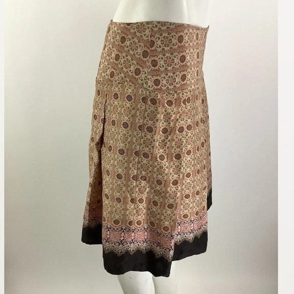 Anthropologie Sz 8 100% Silk Satin Pleated A-Line Skirt Pink Orange Geometric - Picture 3 of 6